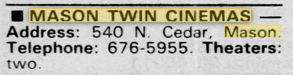 Mason Twin Cinema (Plaza Cinema 1 and 2) - Aug 24 1988 Lansing State Journal Listing (newer photo)